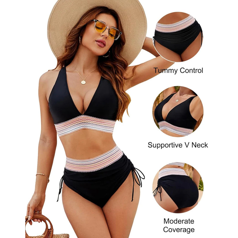 ☀️Begrænset ferietilbud🏖️High Waist Belly Control Color Block Bikini Sets Color Block Bikini Sets