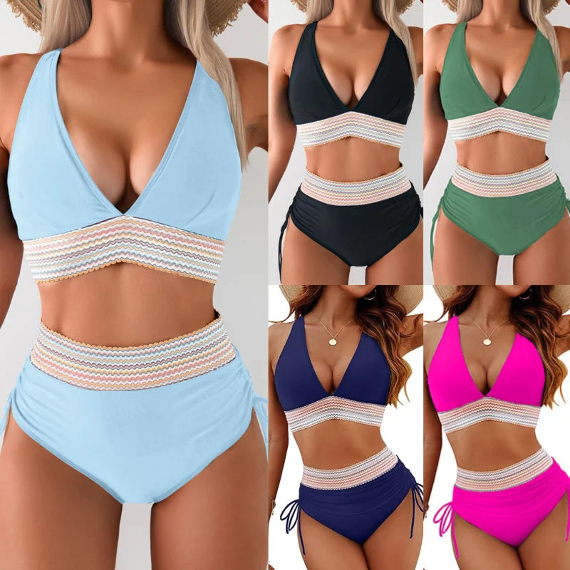 ☀️Begrænset ferietilbud🏖️High Waist Belly Control Color Block Bikini Sets Color Block Bikini Sets