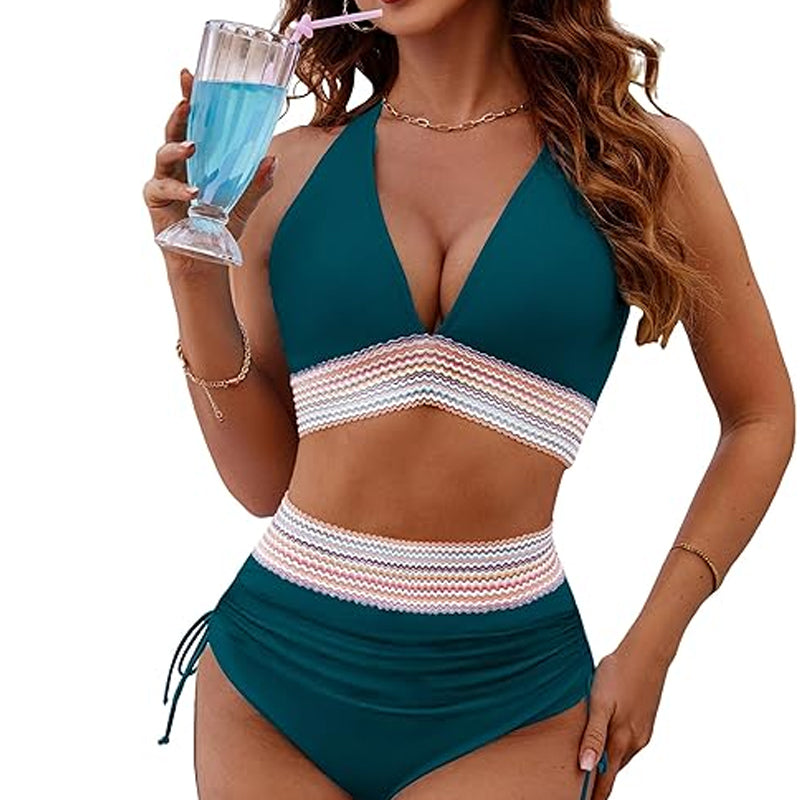 ☀️Begrænset ferietilbud🏖️High Waist Belly Control Color Block Bikini Sets Color Block Bikini Sets