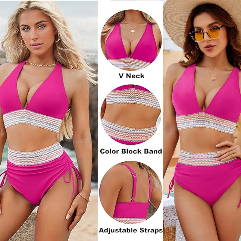 ☀️Begrænset ferietilbud🏖️High Waist Belly Control Color Block Bikini Sets Color Block Bikini Sets